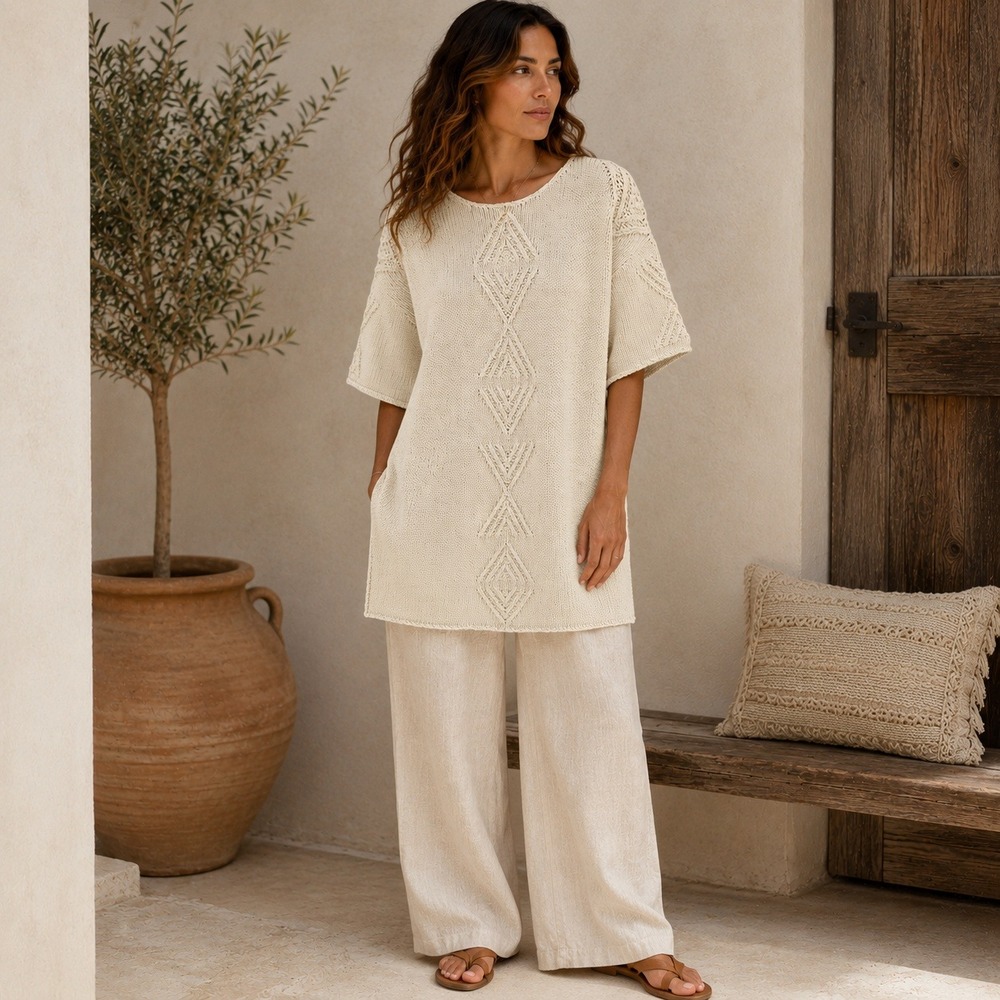MIRTH Peru Hand Knit Cotton Sweater Tunic Geometric Boho Coastal Oversized M